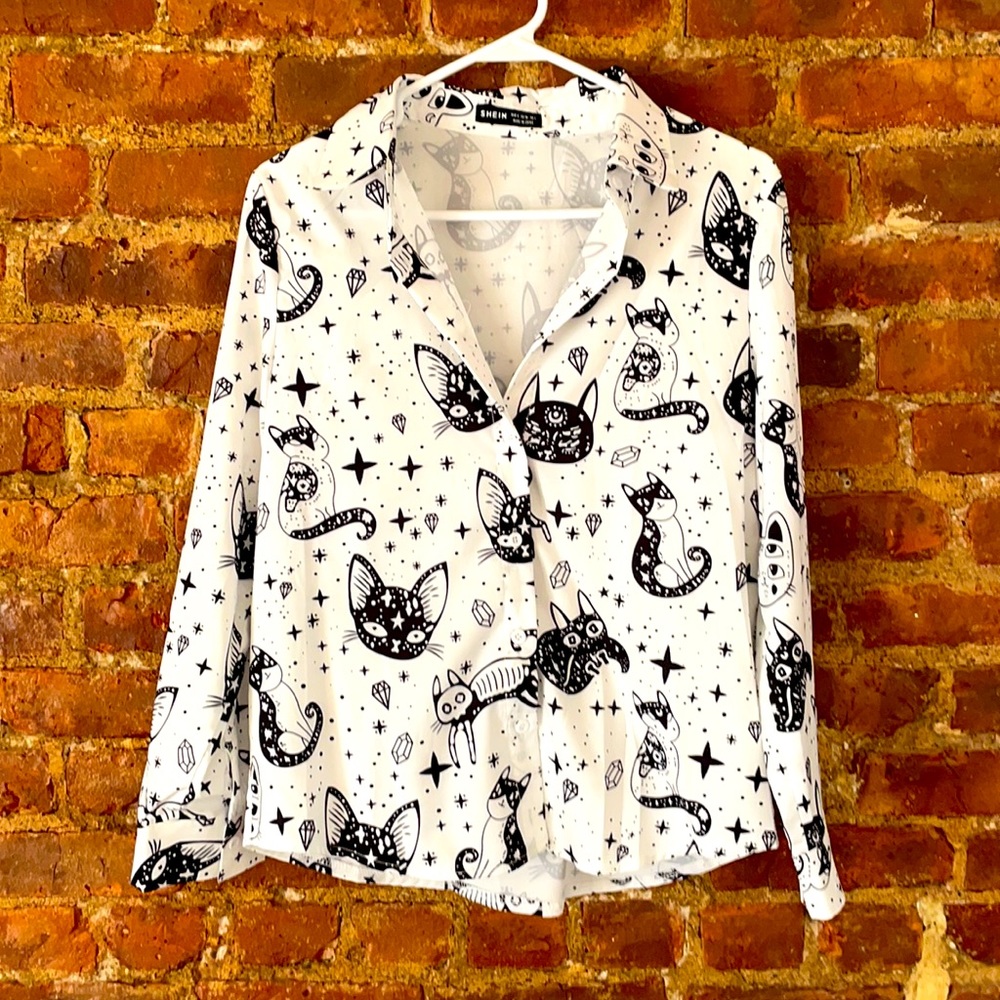 Spooky cat button up blouse